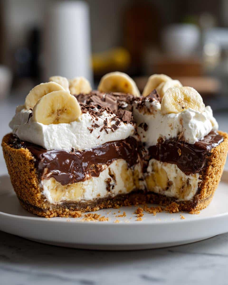 A delicious slice of Chocolate Banana Cream Pie with layers of bananas, cream, and chocolate.