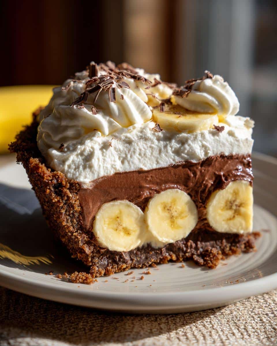 A slice of Chocolate Banana Cream Pie with layers of chocolate filling, bananas, whipped cream, and chocolate shavings.