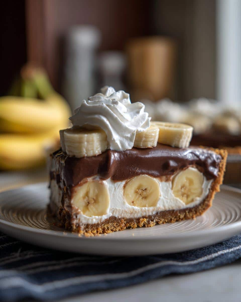 A slice of Chocolate Banana Cream Pie with layers of banana, cream, chocolate, and whipped topping.