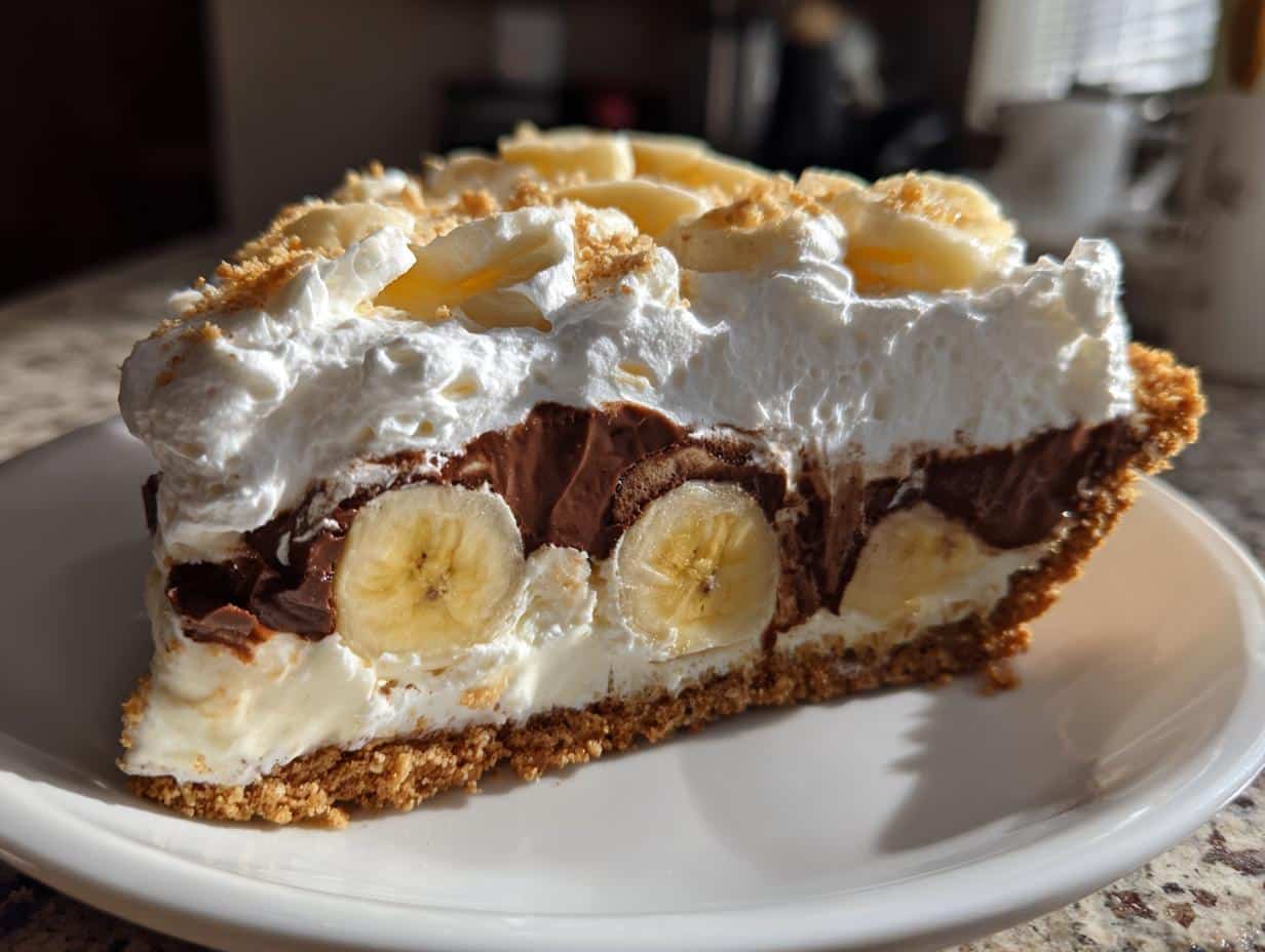 A delicious slice of Chocolate Banana Cream Pie with layers of crust, cream, bananas, chocolate, and whipped topping.