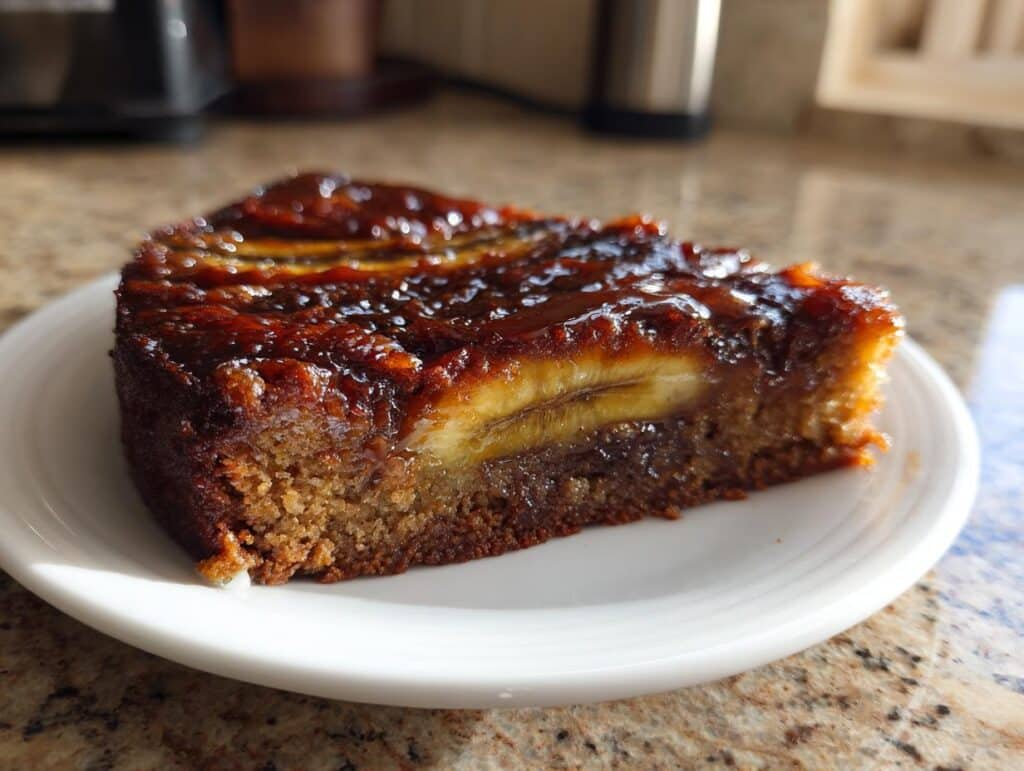 A delicious slice of Chocolate Banana Upside-Down Cake with caramelized bananas on a white plate.