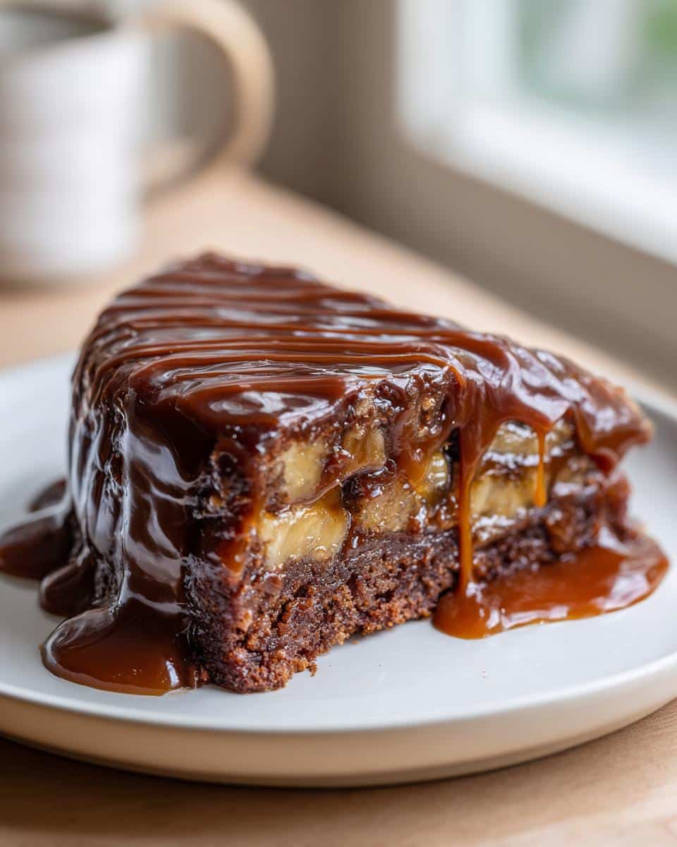 A slice of Chocolate Banana Upside-Down Cake drizzled with caramel sauce on a white plate.