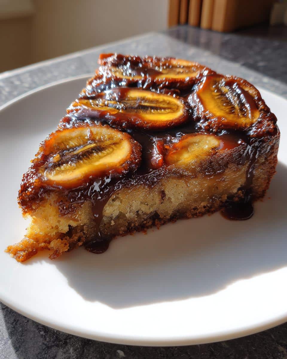 A slice of Chocolate Banana Upside-Down Cake with caramelized bananas on a white plate.