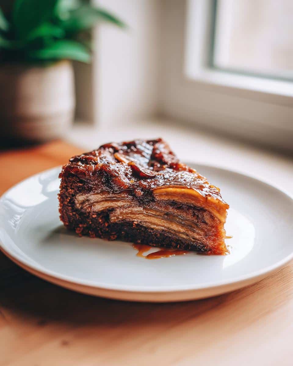 A slice of Chocolate Banana Upside-Down Cake on a white plate, showcasing the caramelized banana topping.