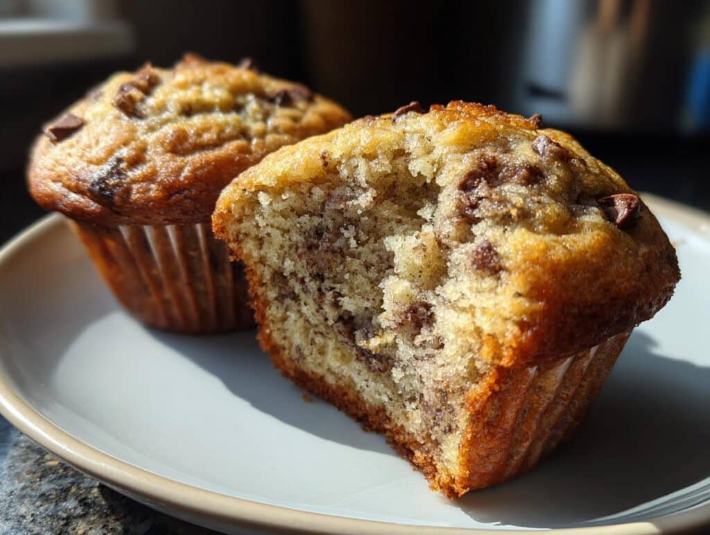 Two Chocolate Chip Banana Muffins on a plate, one with a bite taken out to show the inside texture.
