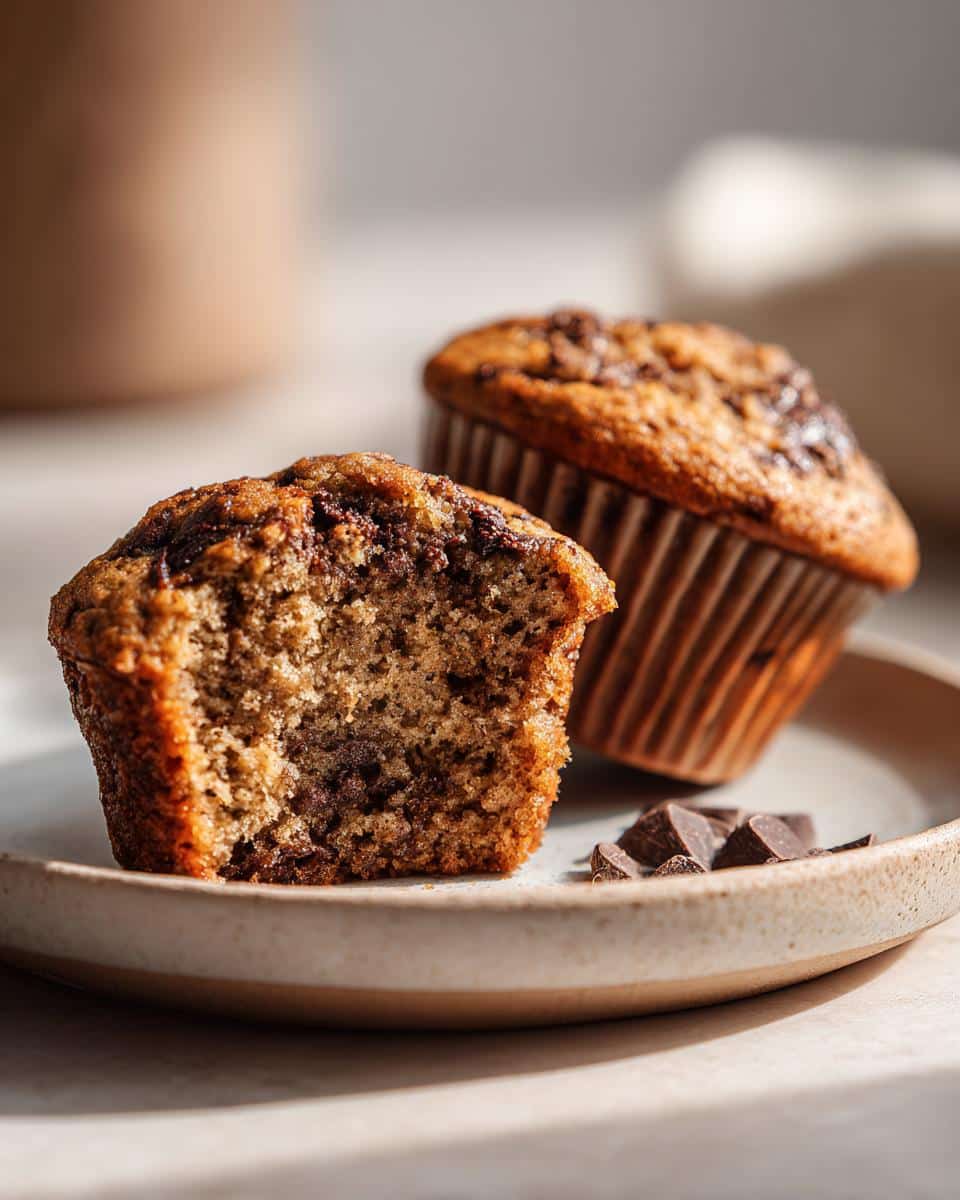 Two Chocolate Chip Banana Muffins on a plate, one cut in half to show the inside texture and chocolate chips.