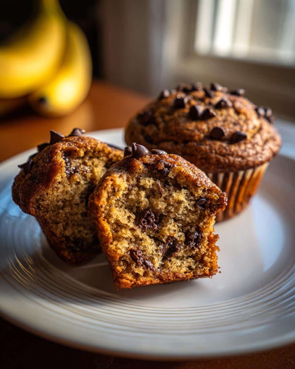 Three Chocolate Chip Banana Muffins on a plate, one cut in half to show the inside texture and chocolate chips.
