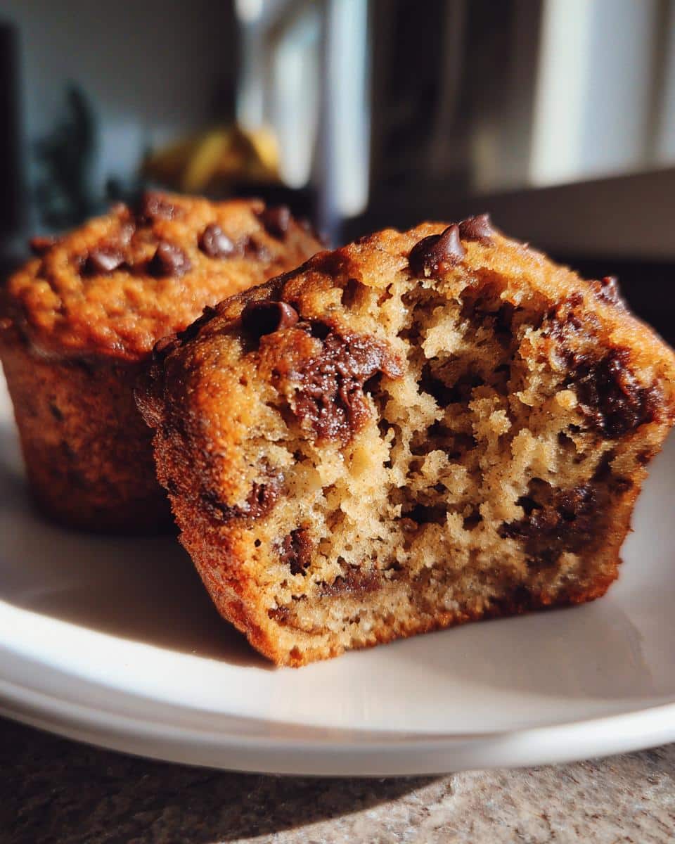 A half-eaten Chocolate Chip Banana Muffin on a plate, showing the inside texture with chocolate chips.