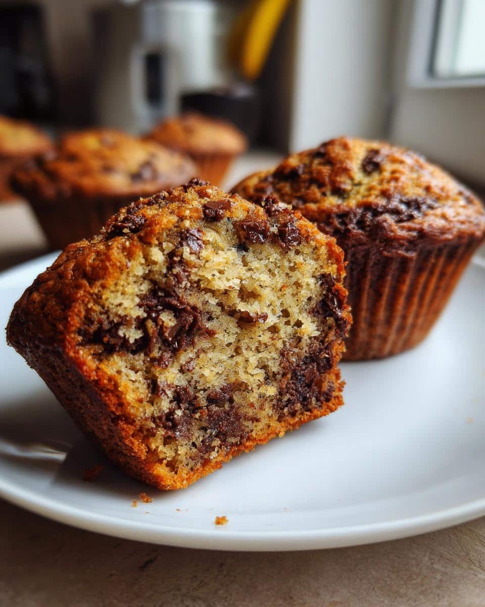 A halved Chocolate Chip Banana Muffin shows the moist inside and chocolate chips.