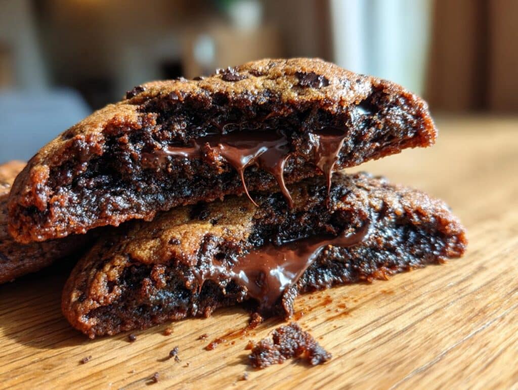 A halved lava cookie with molten chocolate oozing out, showcasing its gooey center.