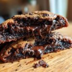 A halved lava cookie with molten chocolate oozing out, showcasing its gooey center.
