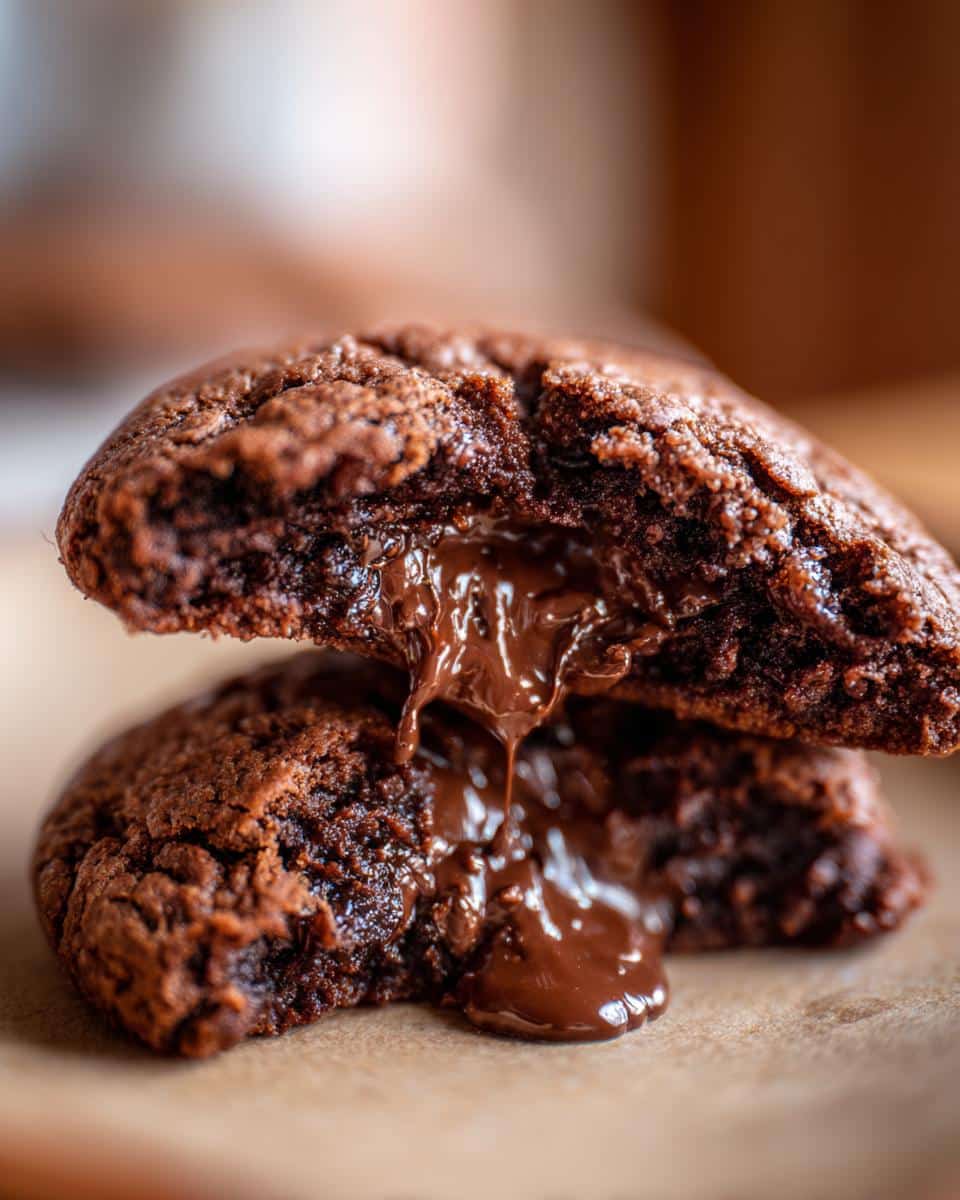A stack of two lava cookies, the top one broken open to reveal molten chocolate filling.