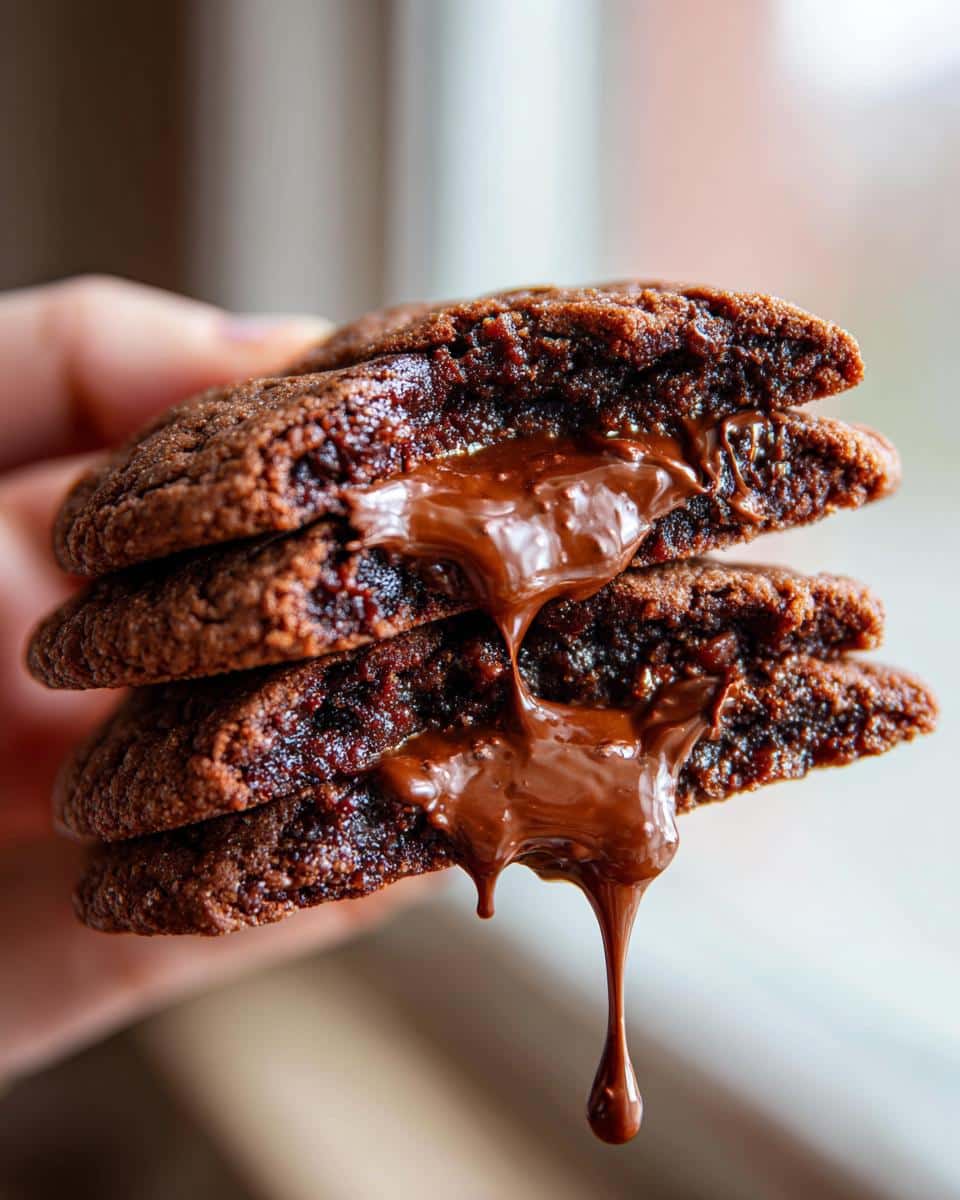 A stack of three chocolate lava cookies with molten chocolate oozing out, held in a hand.