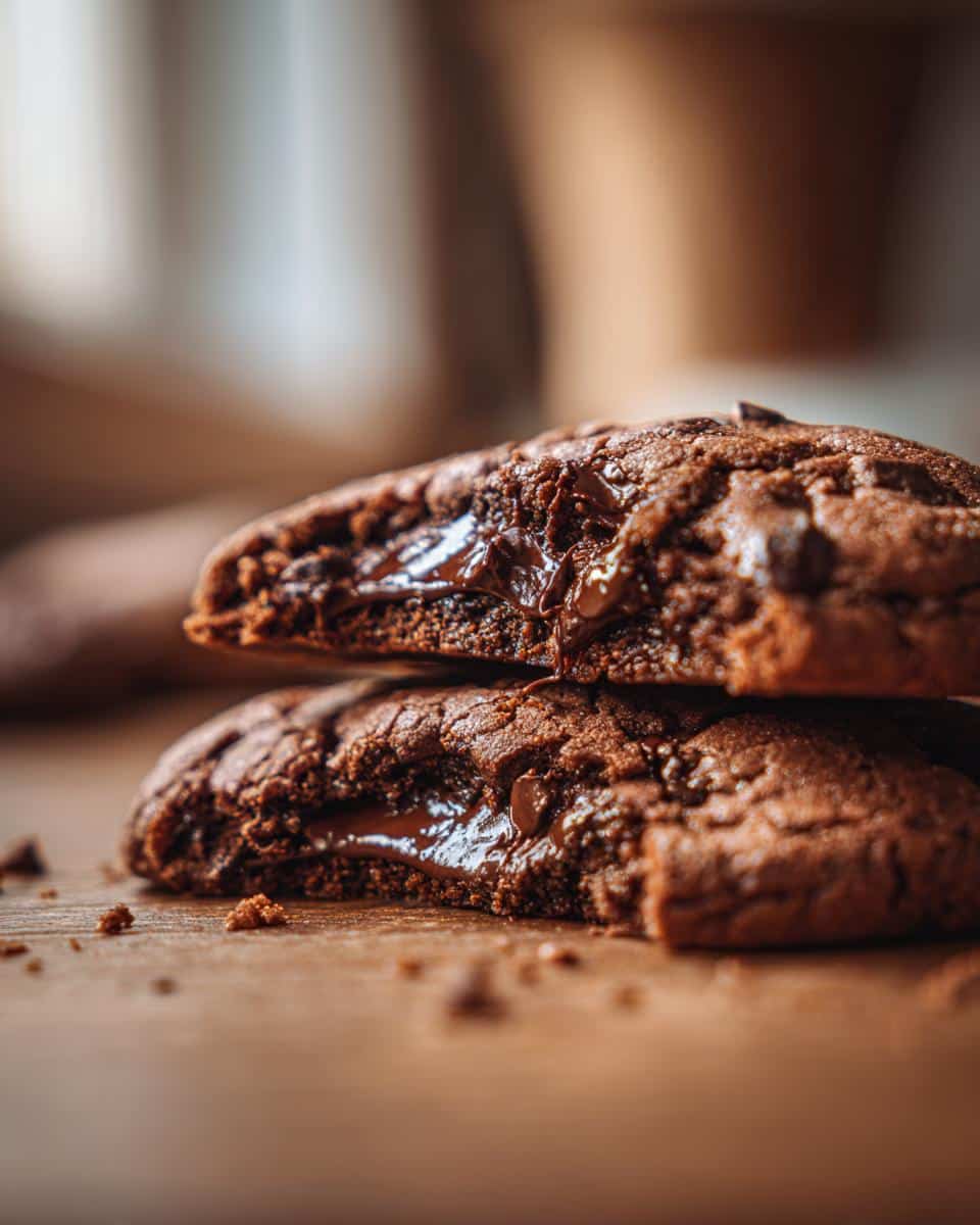 Stack of two chocolate lava cookies with a gooey, molten chocolate center. Delicious lava cookies.