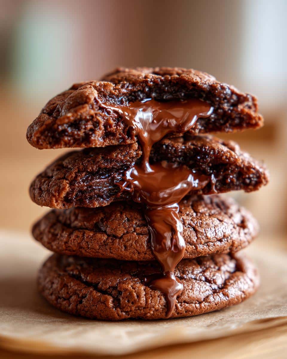 A stack of three chocolate lava cookies with molten chocolate oozing from the top cookie.