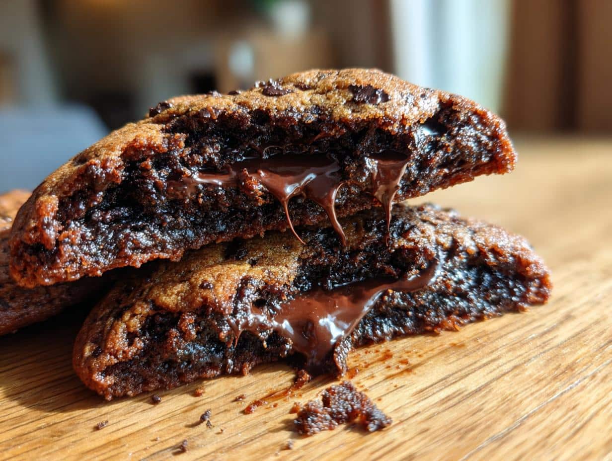 A halved lava cookie with molten chocolate oozing out, showcasing its gooey center.