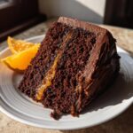 A slice of Chocolate Orange Cake on a white plate, garnished with orange slices.