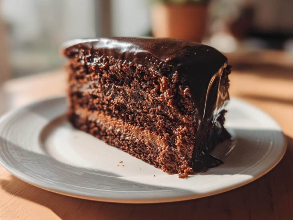 A decadent slice of Chocolate Orange Cake with rich chocolate ganache on a white plate.