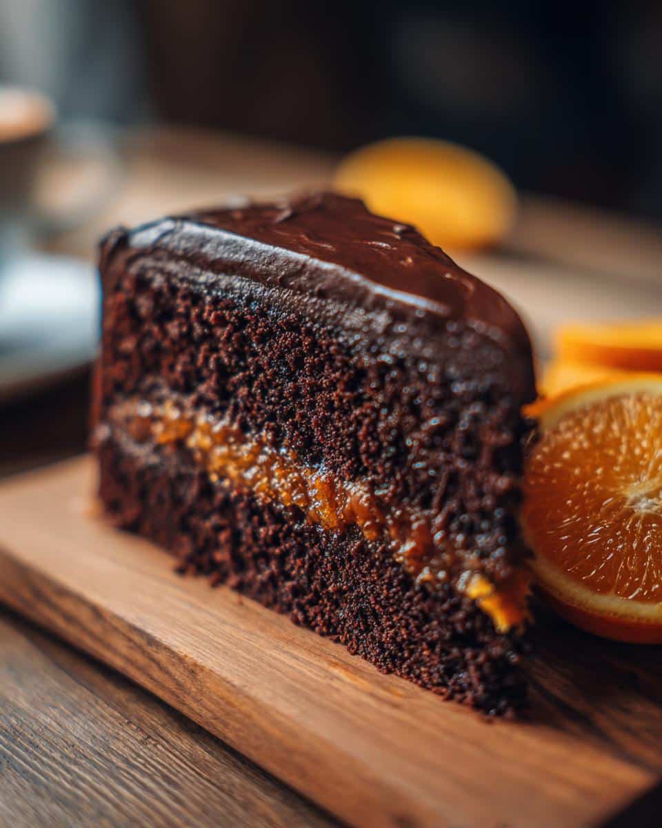 A delicious slice of Chocolate Orange Cake with chocolate ganache and orange filling on a wooden board.