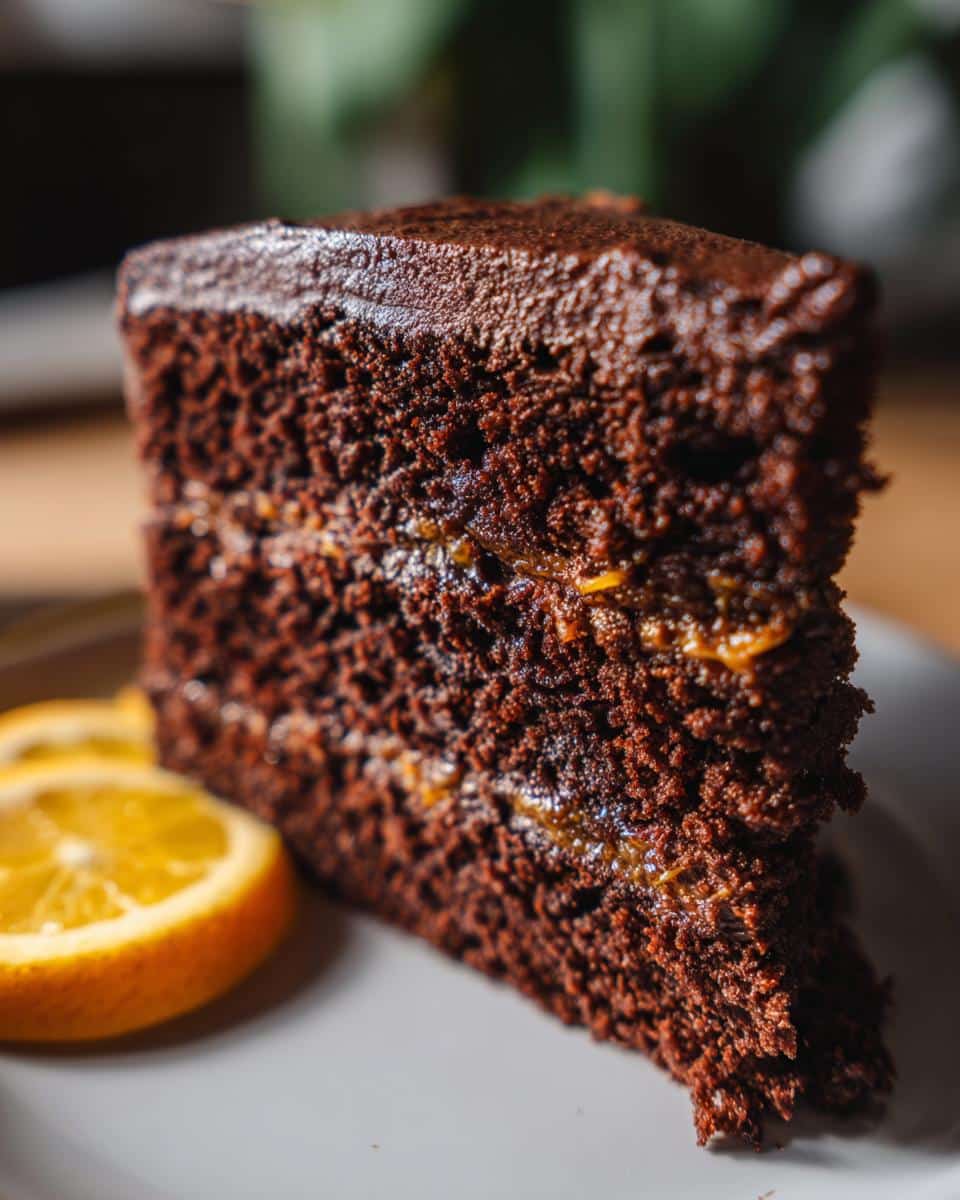 A slice of Chocolate Orange Cake with orange filling, chocolate frosting, and an orange slice garnish.