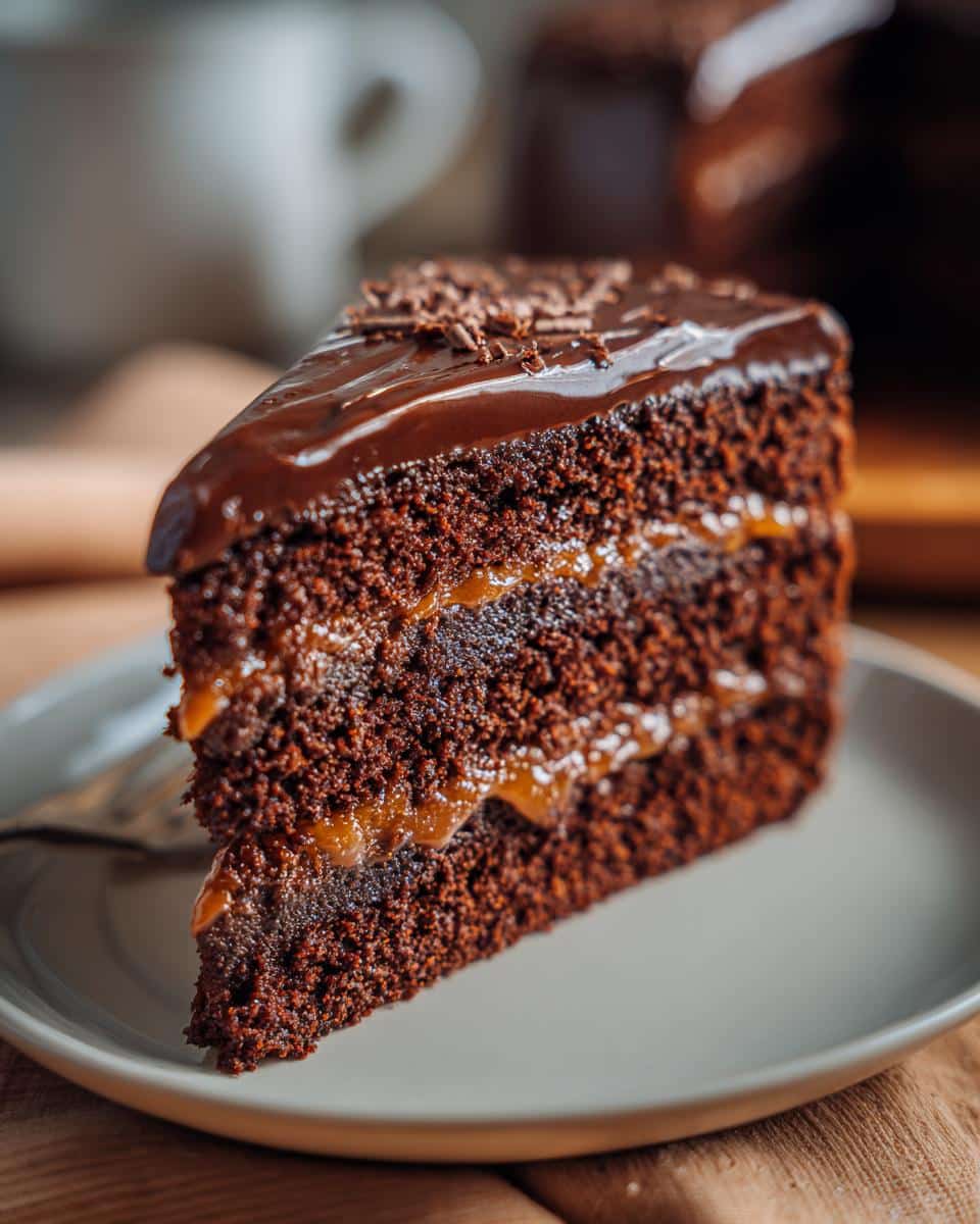 A slice of Chocolate Orange Cake with chocolate ganache and orange filling on a plate.