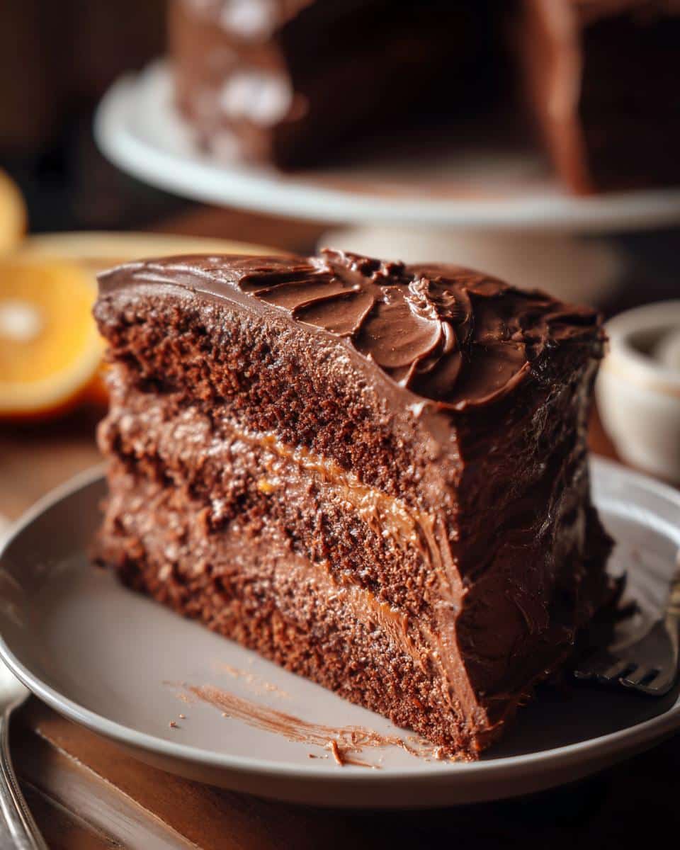 A decadent slice of Chocolate Orange Cake with rich chocolate frosting and orange filling on a plate.