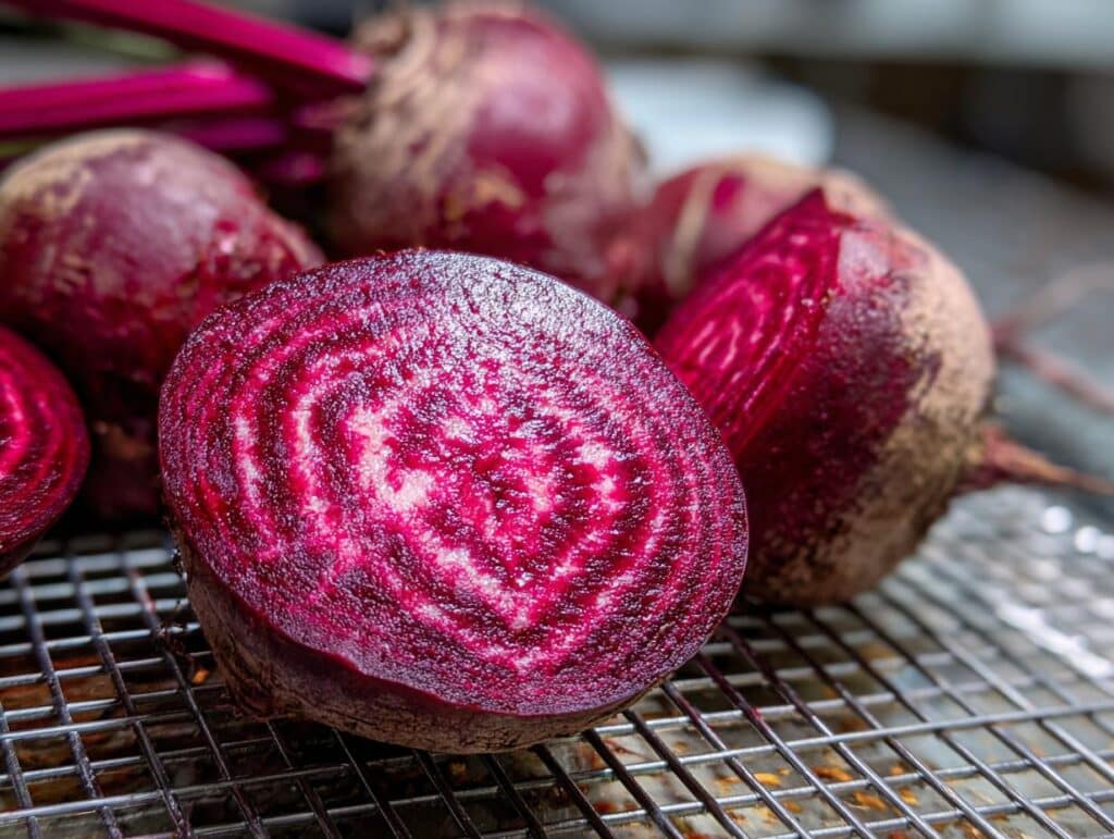 Close-up of fresh beets, one cut in half, showcasing the vibrant color for Citrus Beet Salad.