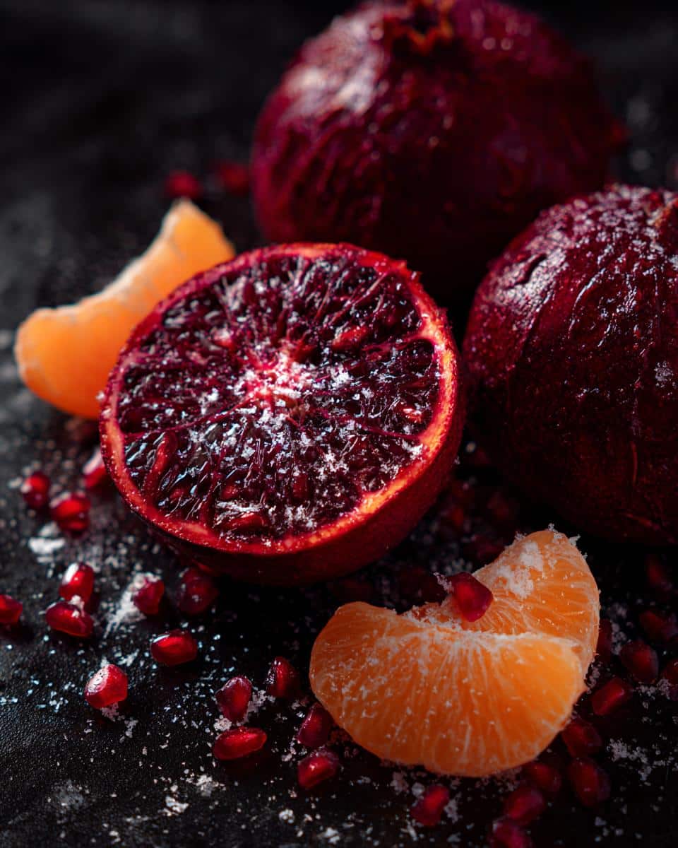 Close-up of blood oranges, mandarin oranges, and pomegranate seeds for a Citrus Beet Salad.