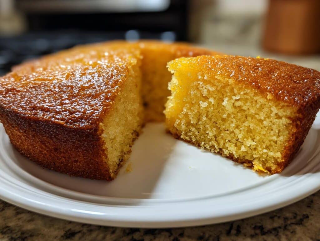 A slice of Citrus Olive Oil Cake on a white plate, showcasing its moist texture and golden crust.