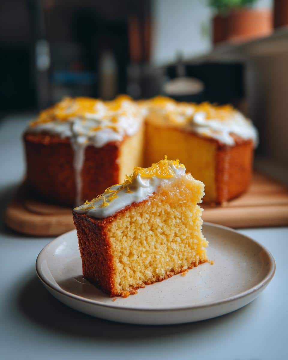 A slice of Citrus Olive Oil Cake on a plate, topped with white icing and citrus zest.