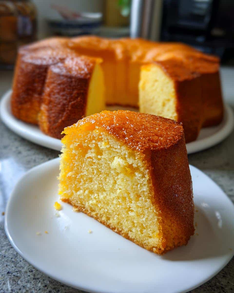 A slice of Citrus Olive Oil Cake on a white plate, with the rest of the cake in the background.