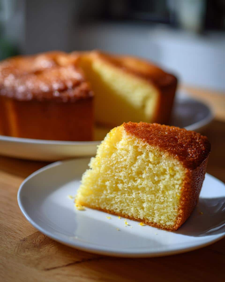 A slice of Citrus Olive Oil Cake on a white plate, with the rest of the cake in the background.