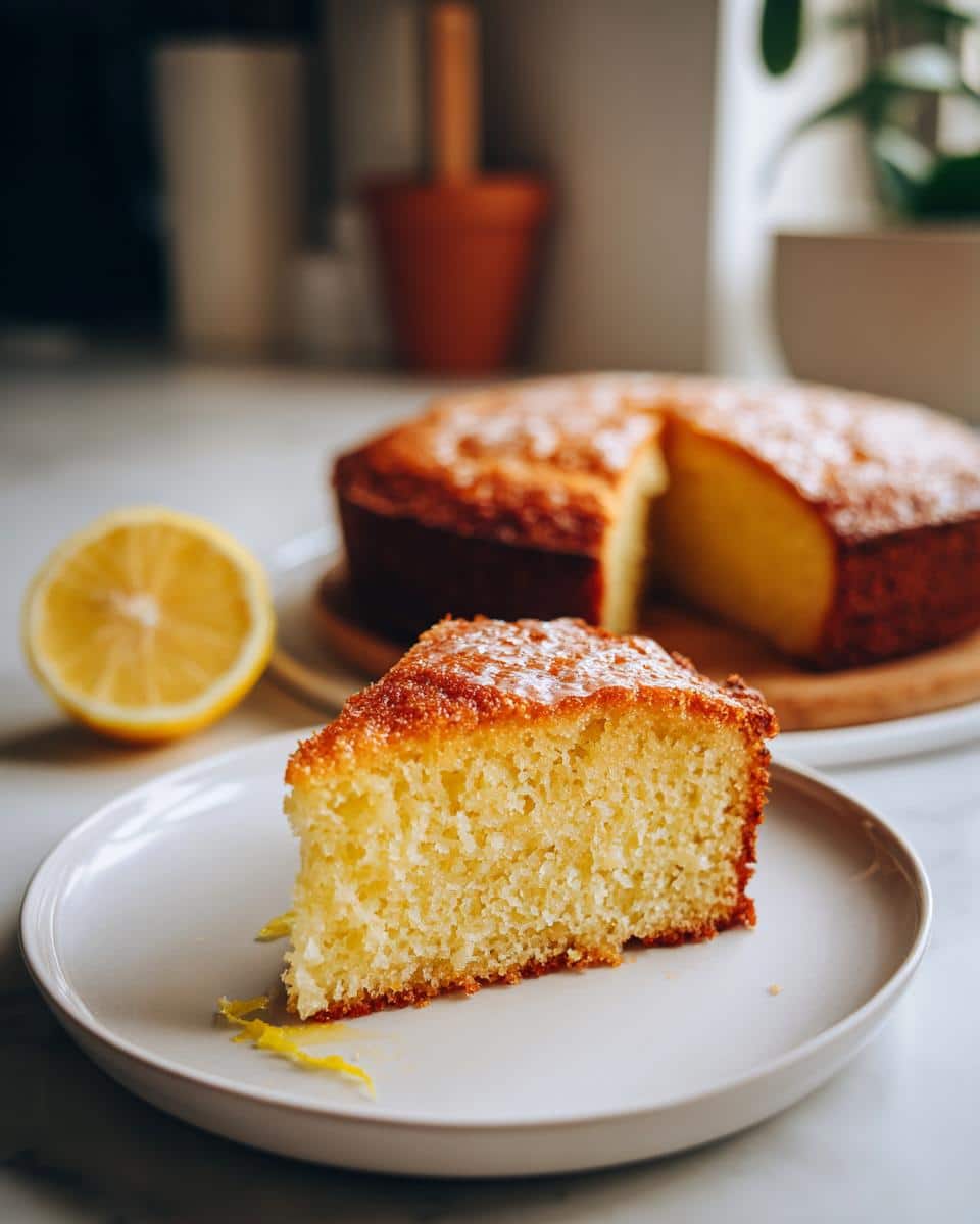 A slice of Citrus Olive Oil Cake on a plate, with the rest of the cake and a lemon half in the background.