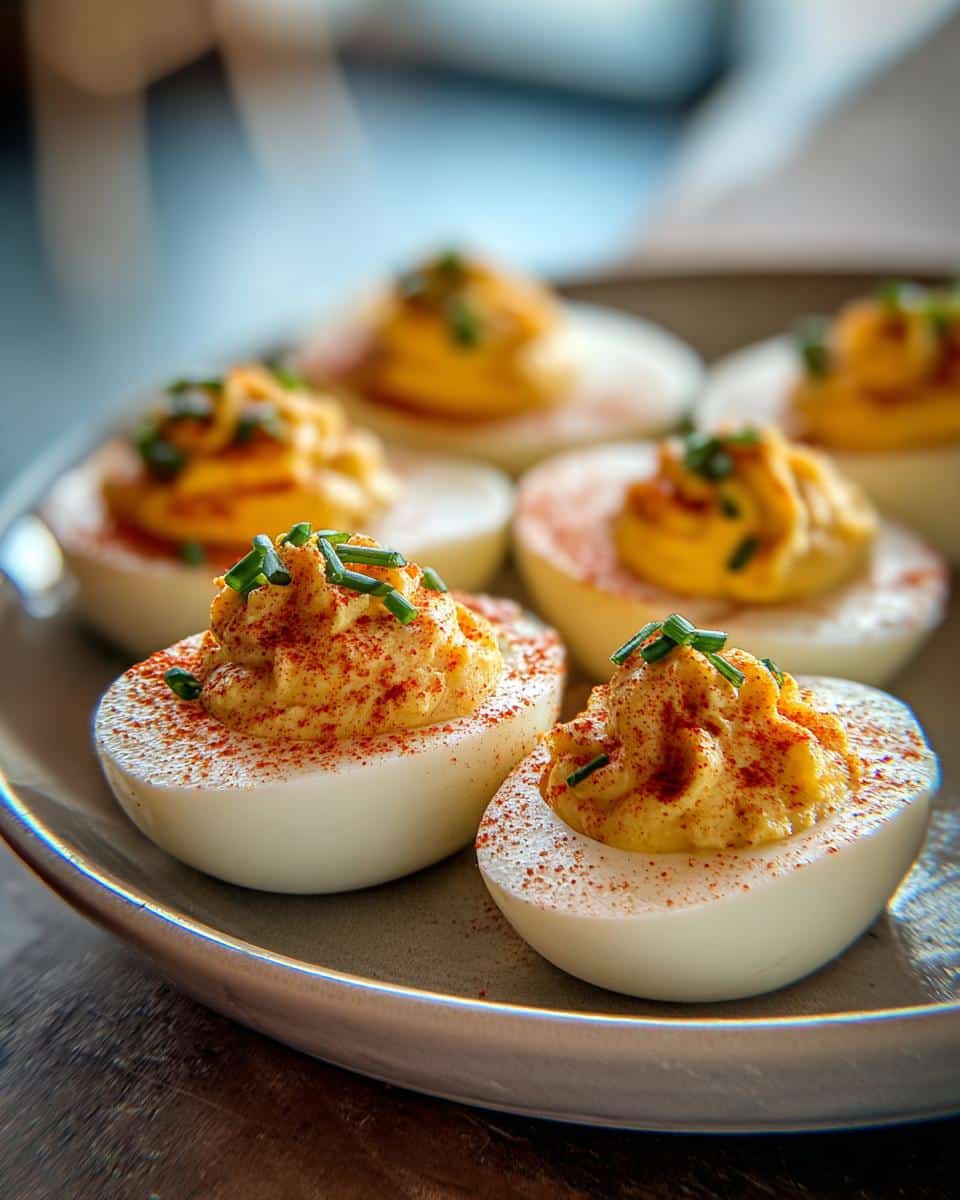 Close-up of Classic Deviled Eggs, garnished with paprika and fresh chives, on a plate.