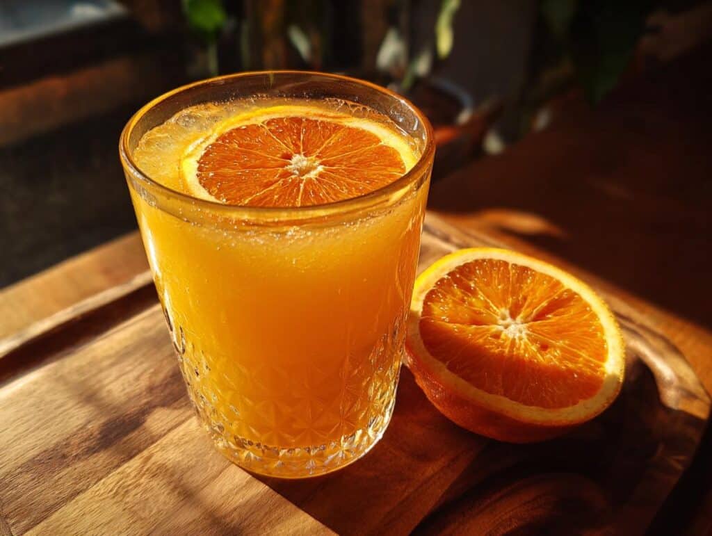 Glass of Classic Orangeade garnished with an orange slice, sitting on a wooden board with half an orange.