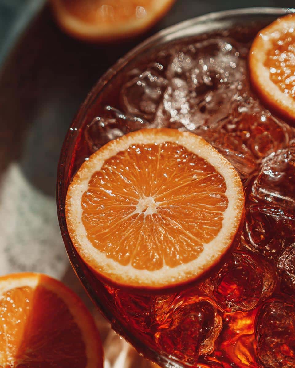 Overhead shot of a glass of Classic Orangeade with ice and fresh orange slices.
