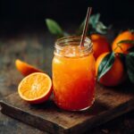 Icy Classic Orangeade in a mason jar with a straw, surrounded by fresh oranges on a wooden board.