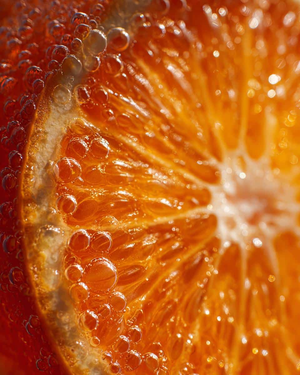 A macro shot of an orange slice in Classic Orangeade, showing bubbles clinging to the fruit's surface.