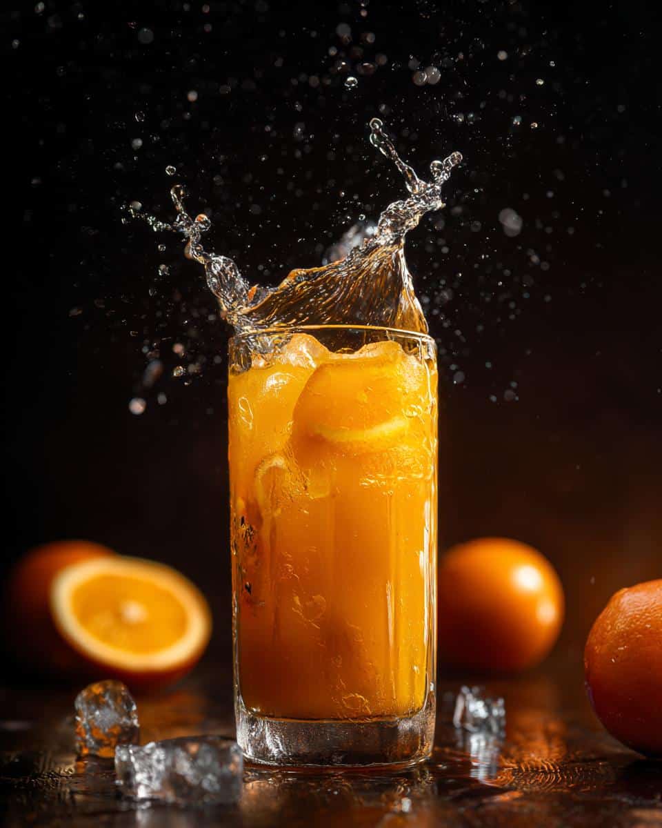 A glass of classic orangeade with ice and orange slices, featuring a dynamic splash against a dark background.