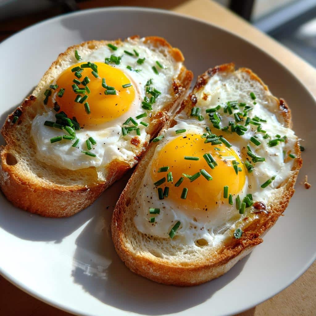 Two slices of cloud eggs (cloud toast) on a plate, garnished with chives. Crispy toast topped with fluffy egg whites and a bright yolk.