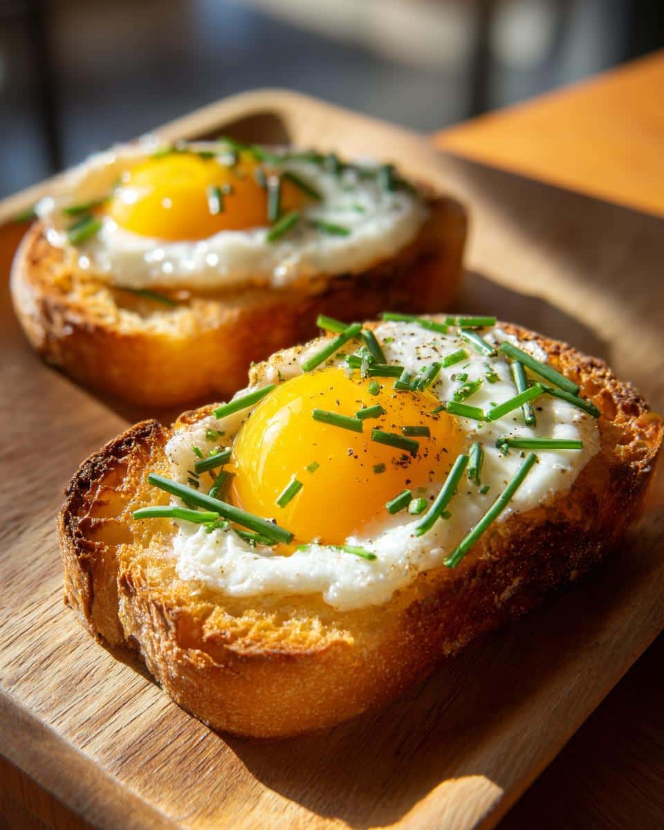 Two pieces of cloud eggs (cloud toast) on toasted bread, topped with chives and pepper.