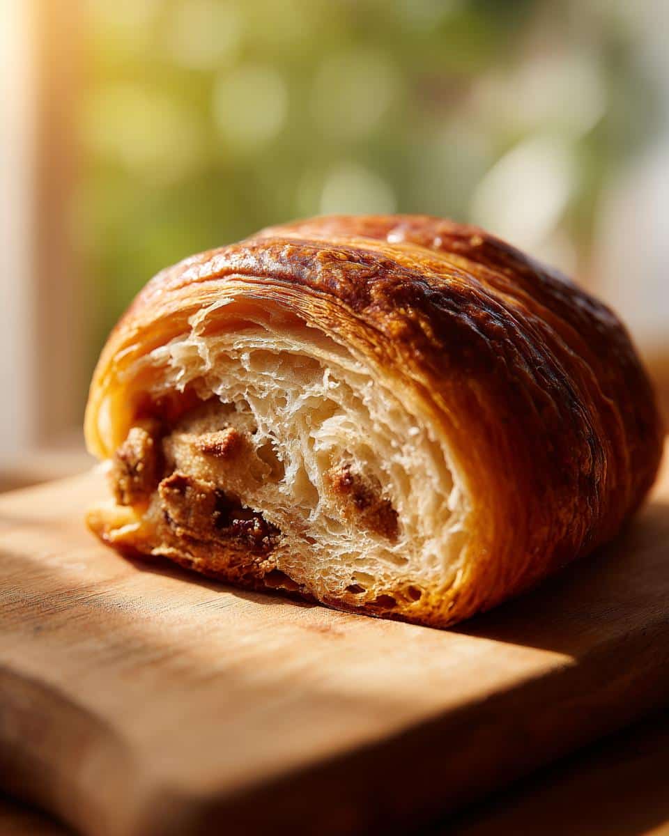 Close-up of a golden brown cookie croissant, also known as a Crookie, on a wooden board.