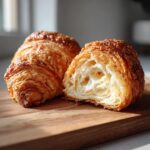 A freshly baked Cookie croissant, also known as a Crookie, cut in half on a wooden board.