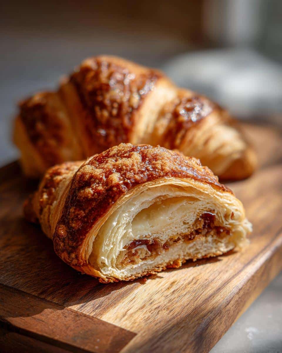 A cut-open cookie croissant, also known as a Crookie, showing the layers of pastry and cookie filling.