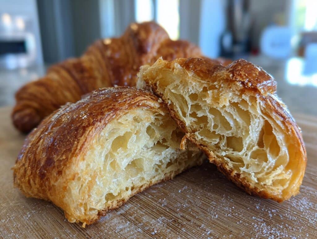 Close-up of a cookie croissant (Crookie) cut in half, showcasing its flaky layers and buttery interior.