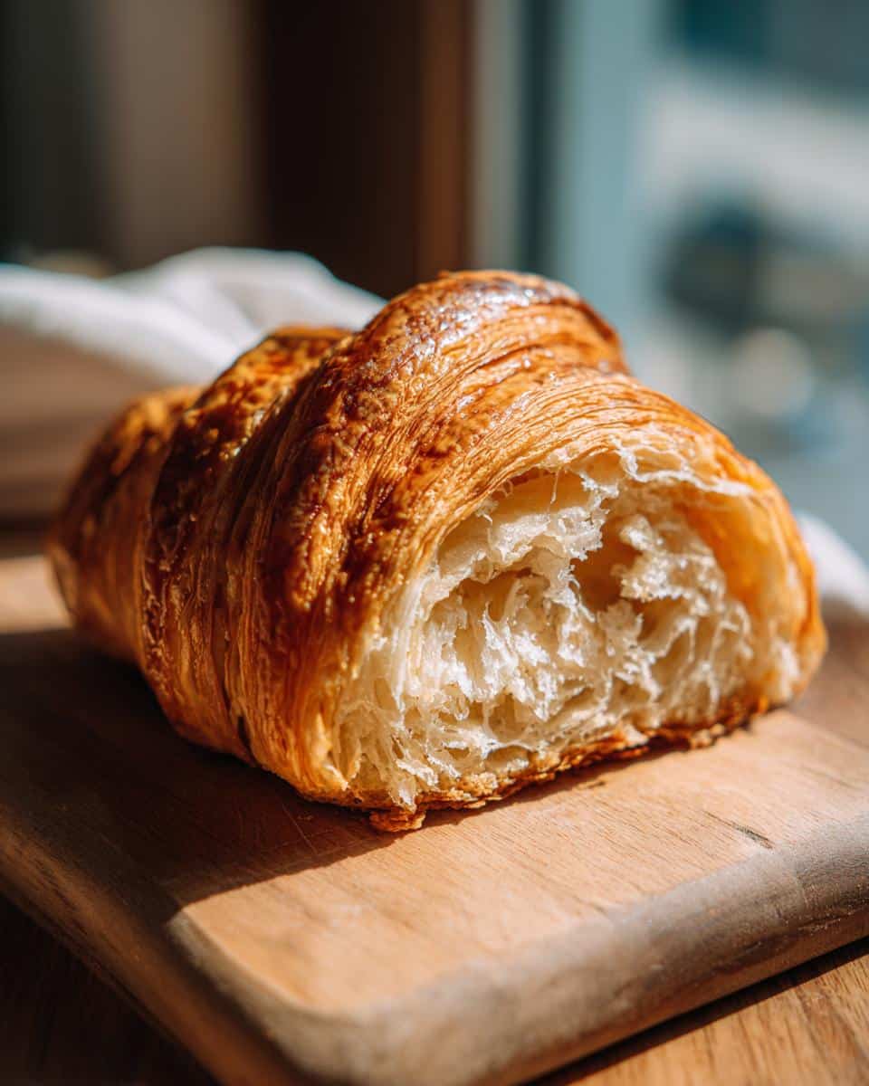 A close-up of a golden, flaky cookie croissant, showcasing its layers, resting on a wooden board.