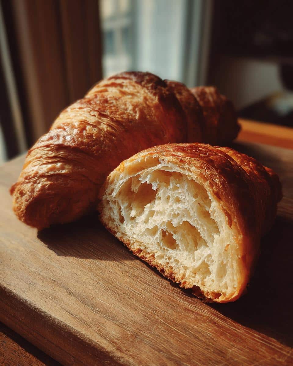 Two croissants, one cut open to show the inside, for a Cookie Croissant (Crookie) recipe.