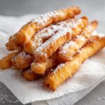 A stack of golden-brown cookie fries dusted with powdered sugar on a white napkin.