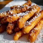 A pile of golden brown cookie fries dusted with powdered sugar on a white paper towel.