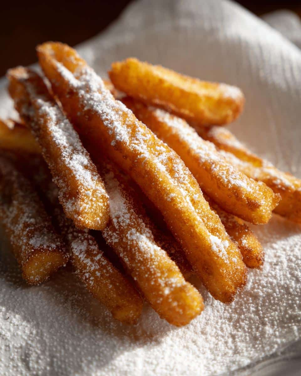 A close-up of golden cookie fries dusted with powdered sugar, served on a white cloth.